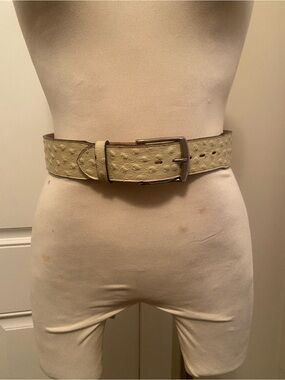 Tony Lama Off White Ostrich-Embossed Leather Belt with Silver Buckle